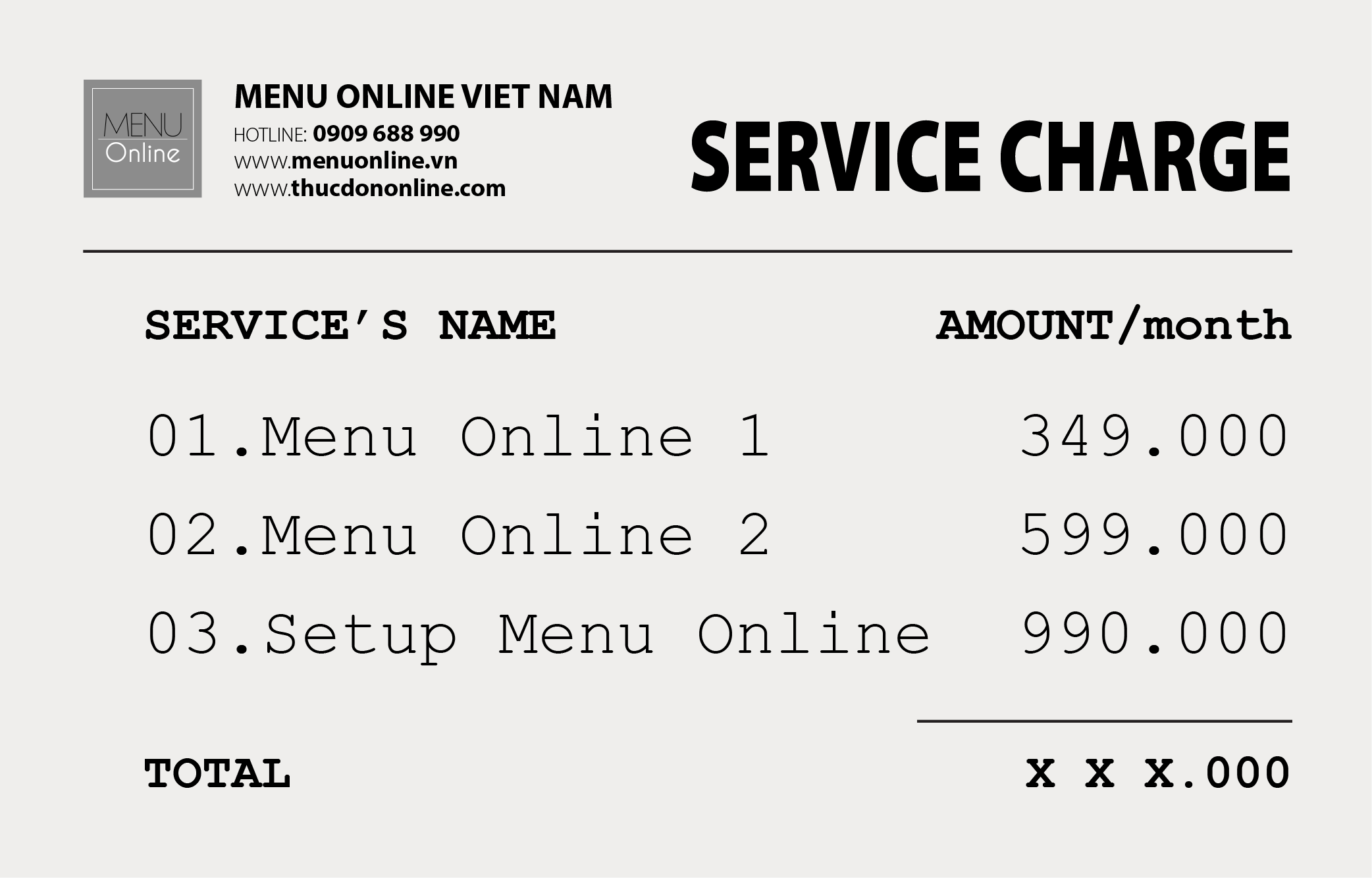 Bảng phí dịch vụ Menu Online