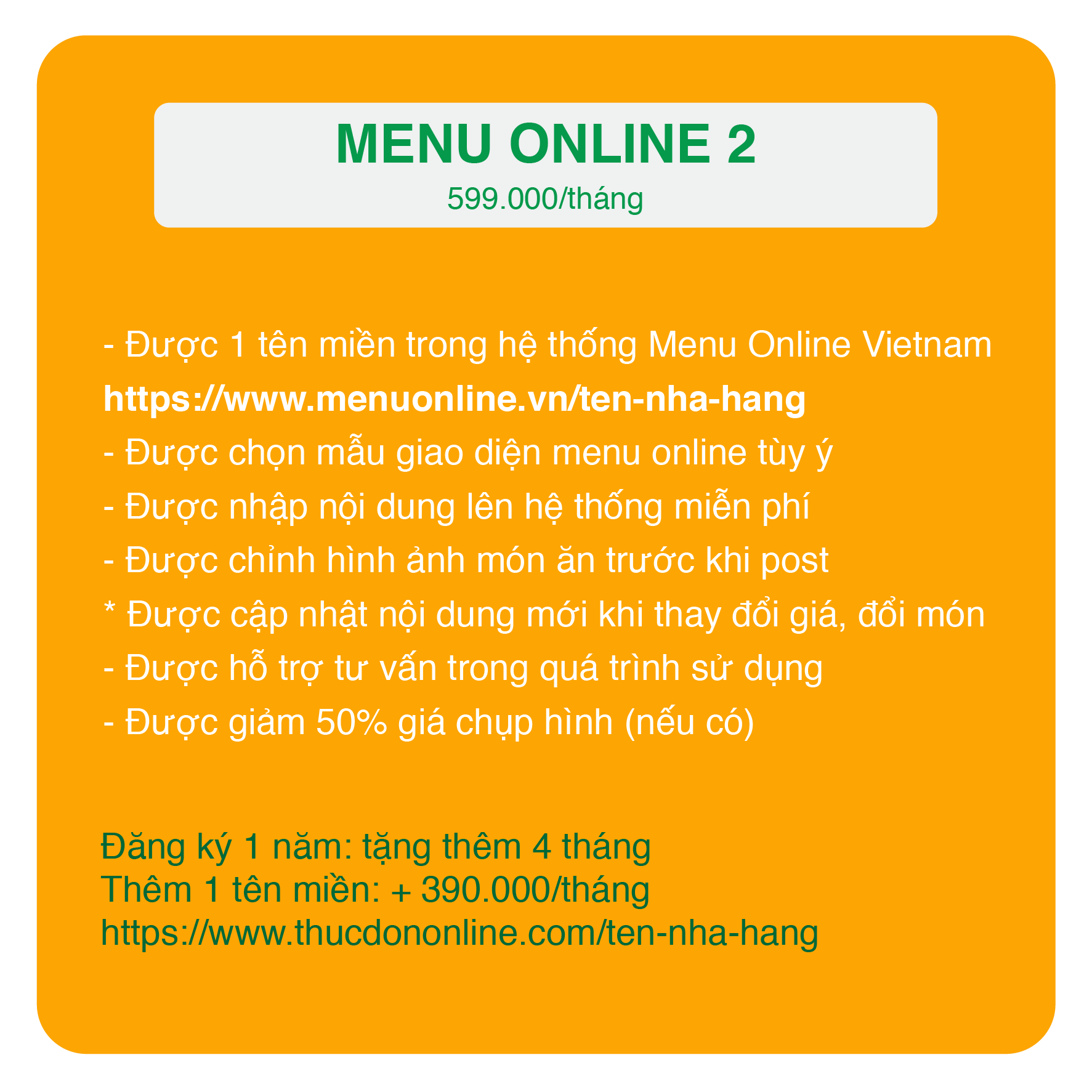 Bảng giá dịch vụ menu online 2